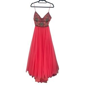 Sherri Hill 50474 Sleeveless Beaded Tulle Coral Multi Prom Gown Womens 4 FLAWS